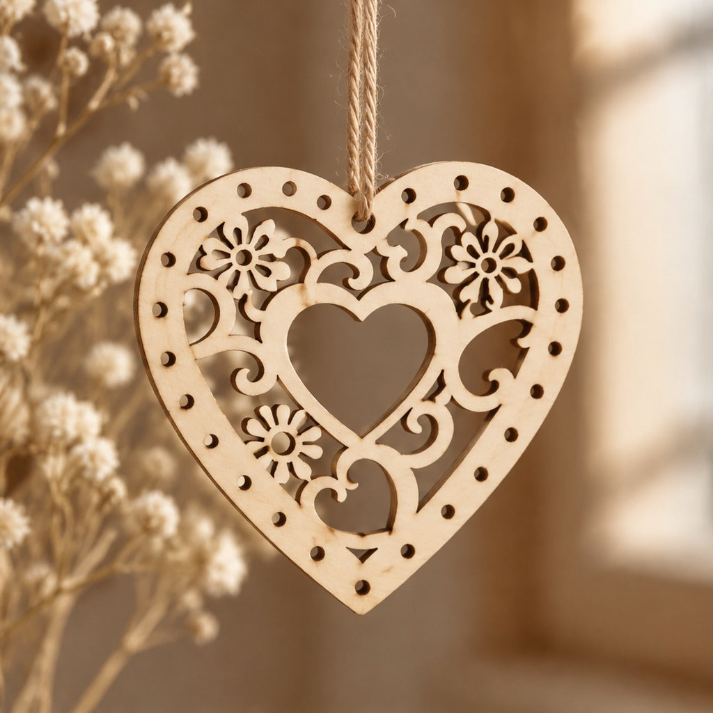 Decupaje din lemn inimioară cu ornament 5 x 5 cm - set 5 buc