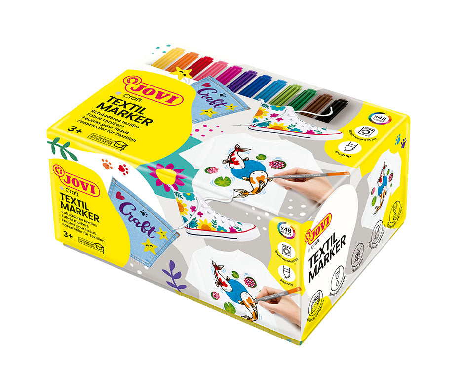 Carioci pentru textile JOVI Jovidecor Textil cu vârf tip pensulă – 48 buc / 12 culori