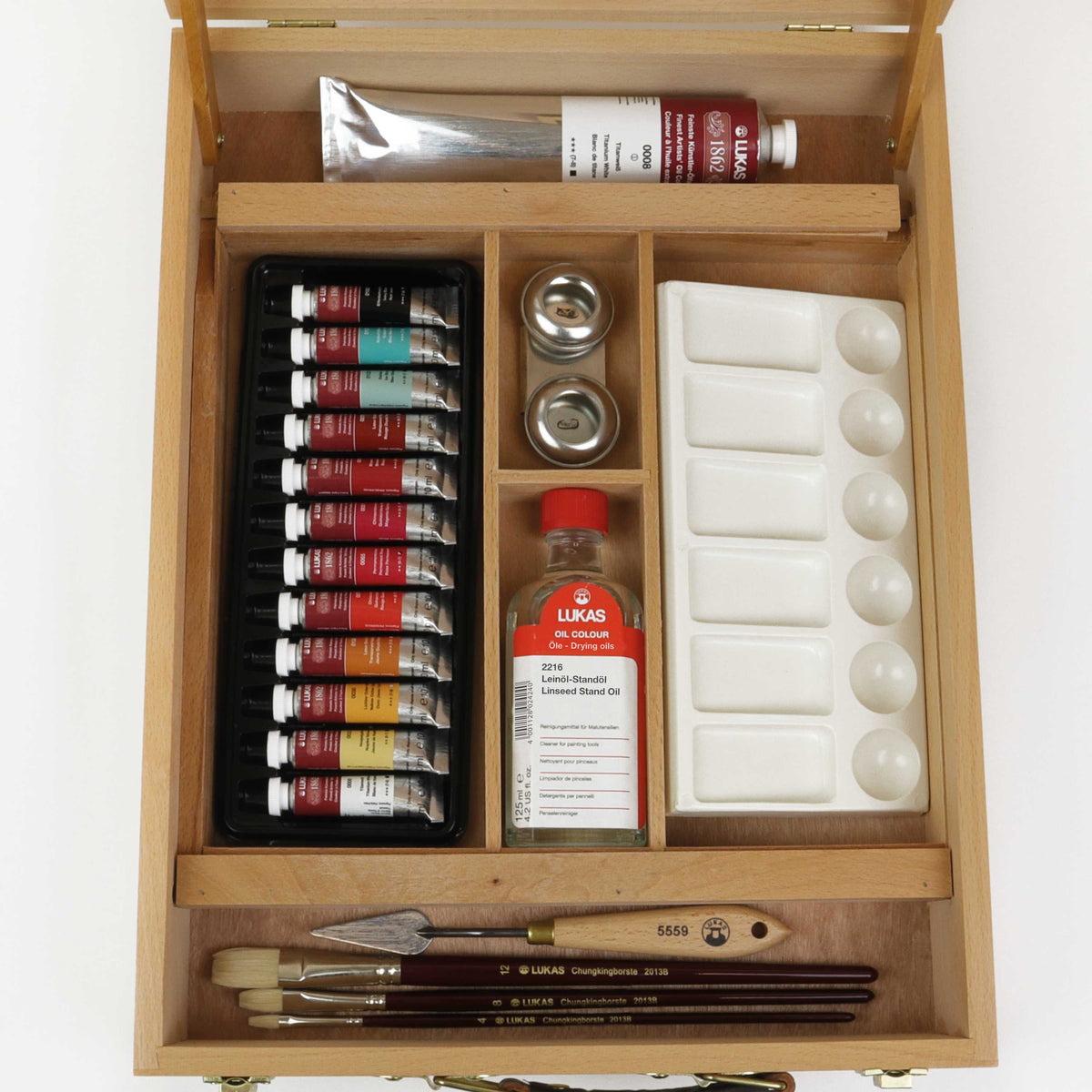 LUKAS 1862 set culori de ulei în casetă de lemn 12 x 10 ml cu accesorii