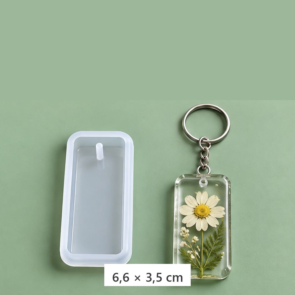 Matriță din silicon pentru pandantive din rășină epoxidică cu inele de chei – formă dreptunghiulară 6,6 × 3,5 cm + 3 inele pentru breloc