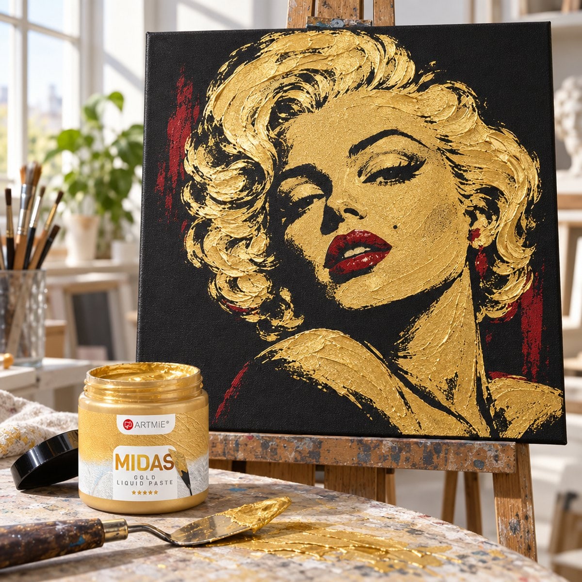 Portret pe pânză neagră pictat cu pasta aurie ARTMIE MIDAS și vopsea roșie