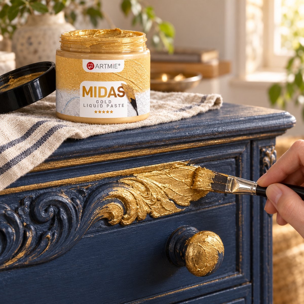 Aurirea unei comode sculptate cu pensula — pastă metalică aurie ARTMIE MIDAS