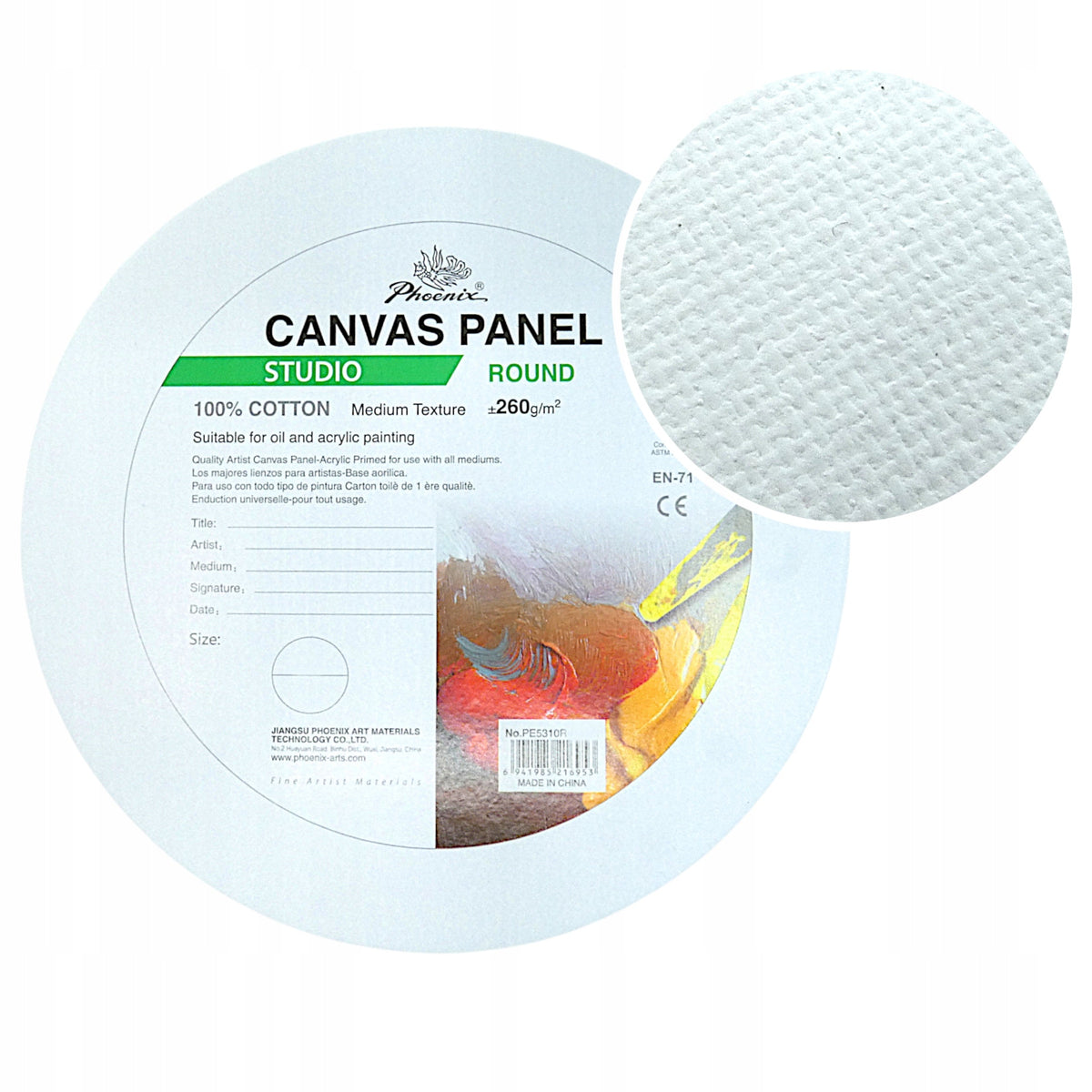 Phoenix – pânză rotundă grunduită pe carton, 3 mm, diametru 20 – 50 cm, alege dimensiunea