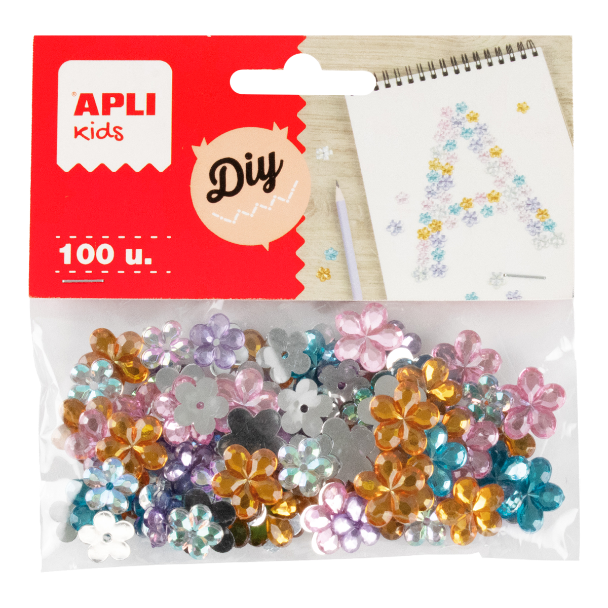Pietricele decorative acrilice APLI 100 buc, mix de mărimi și culori – flori