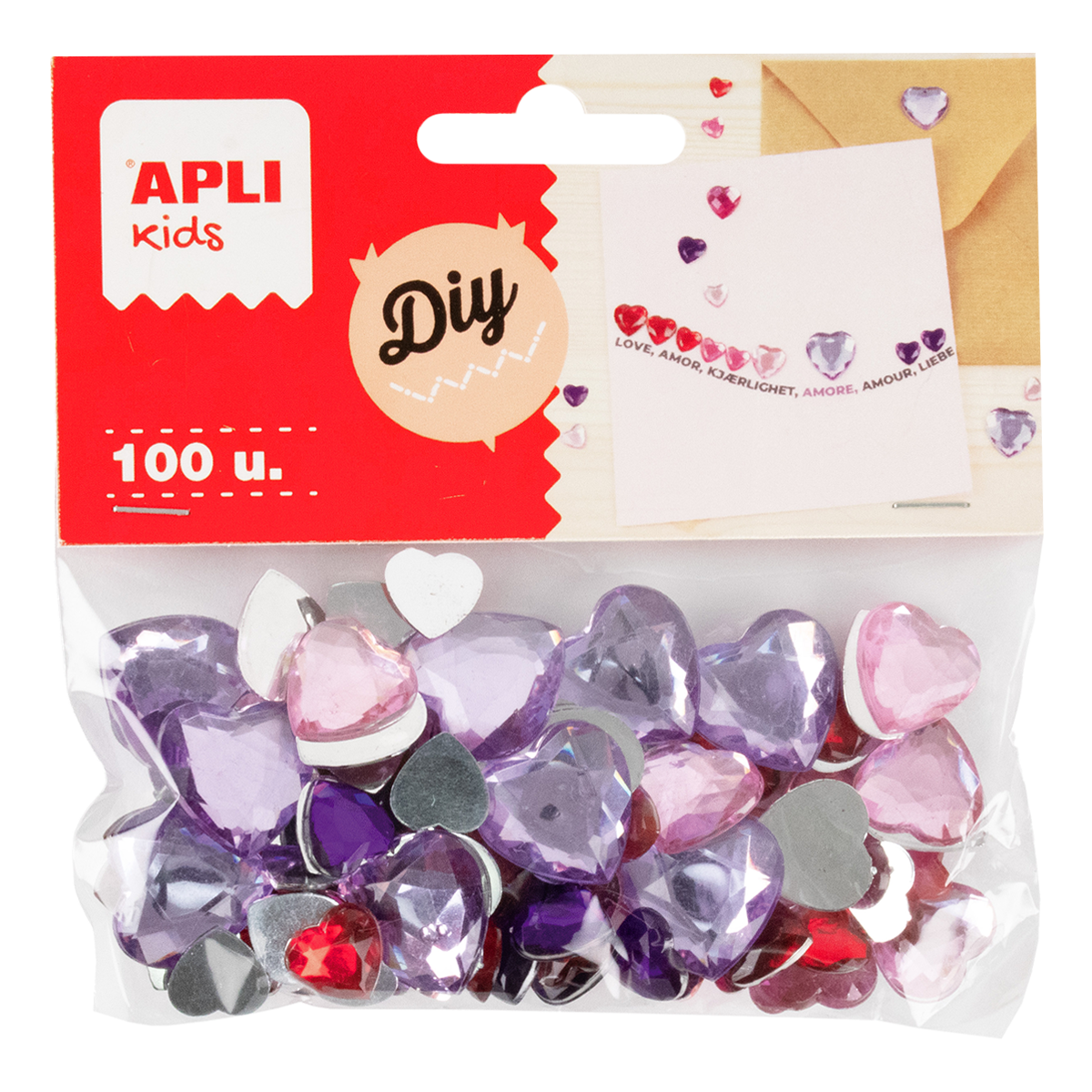 Pietricele decorative acrilice APLI 100 buc, mix de mărimi și culori – inimi
