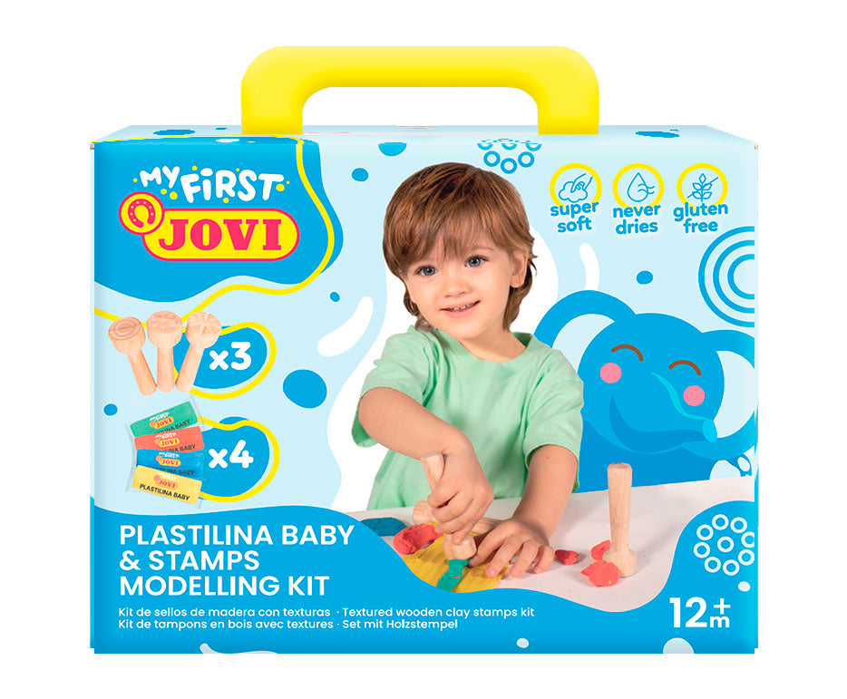 Plastilină naturală moale JOVI My First 4 x 38 g – + 3 ștampile din lemn