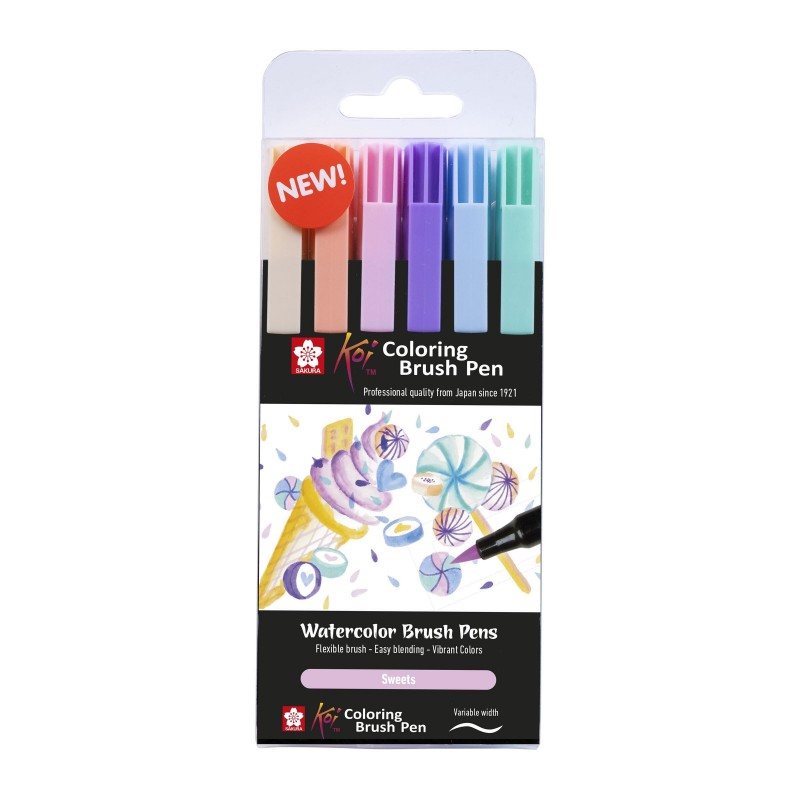 Markere acuarelă tip pensulă Sakura Koi Coloring Brush Pen - set de 6 buc Sweets