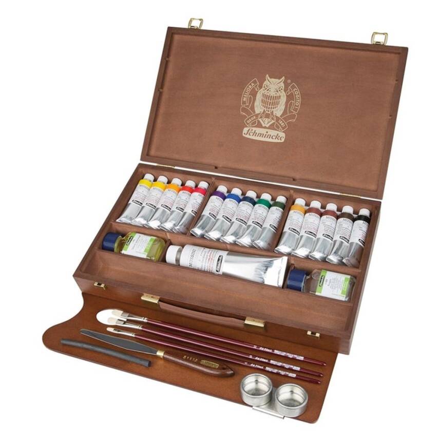 Casetă din lemn cu culori Schmincke MUSSINI 15 x 35 ml și alb 150 ml