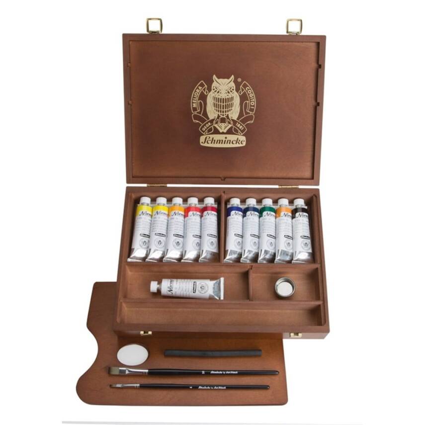 Casetă din lemn cu culori de ulei Schmincke NORMA Professional 11 x 35 ml + accesorii