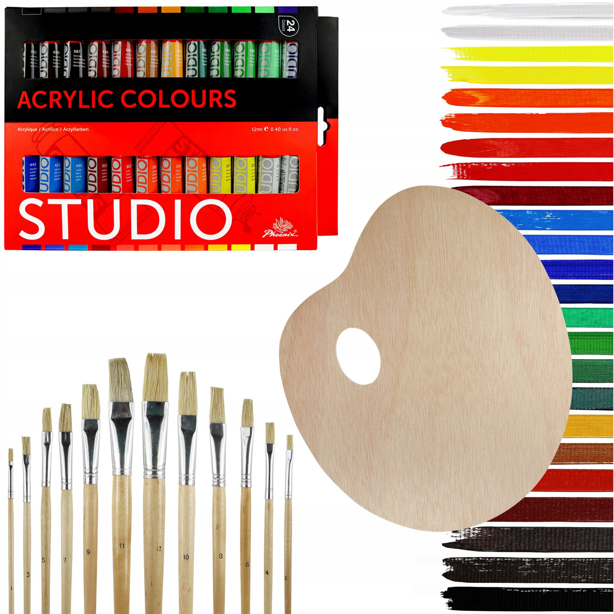 Set 24 de culori acrilice Phoenix Studio 24 x 12 ml cu pensule și paletă