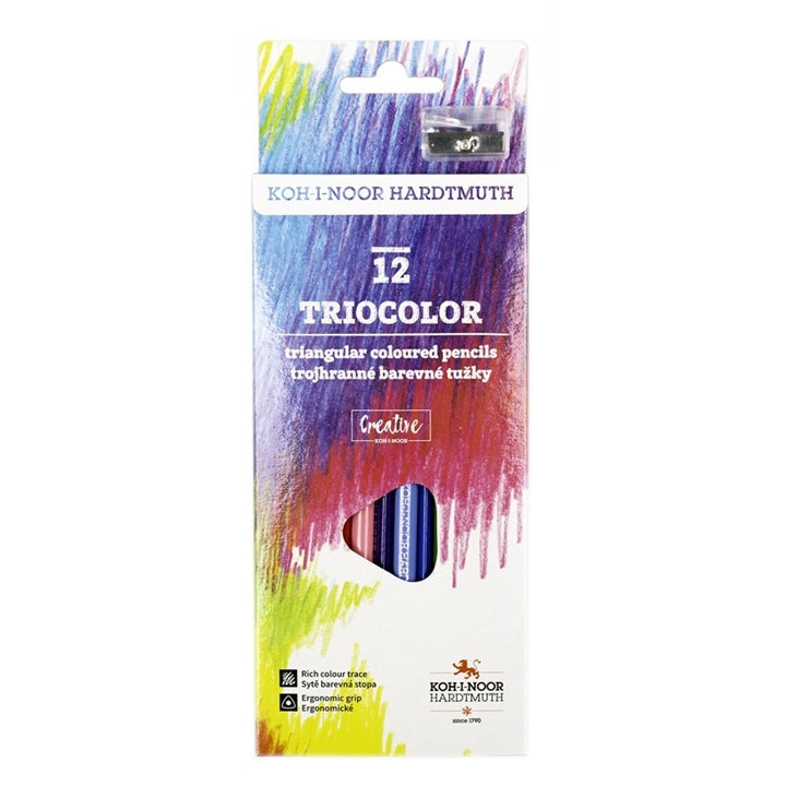 set creioane colorate triunghiulare cu ascutitoare tricolor 12 buc ro khn3132012011ks