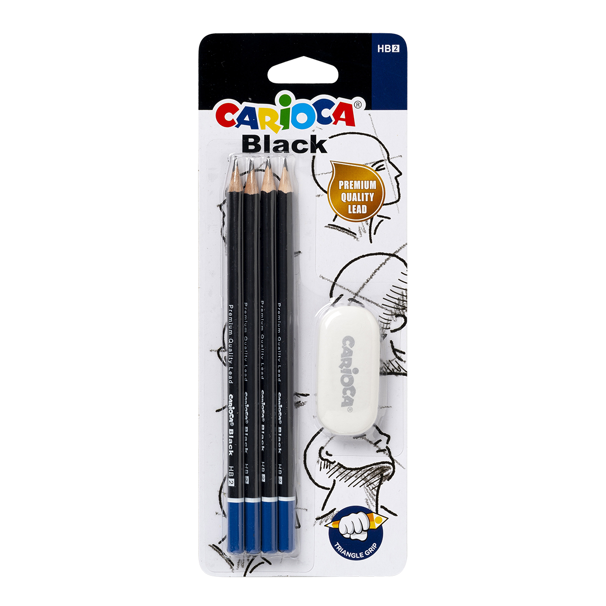 Set creioane triunghiulare Carioca Black 2/HB cu radieră, 4 buc