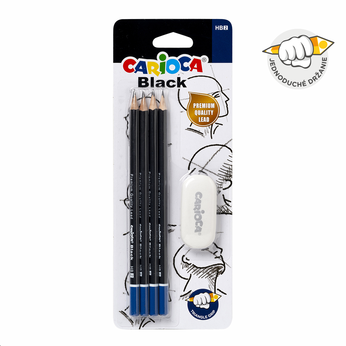 Set creioane triunghiulare Carioca Black 2/HB cu radieră, 4 buc
