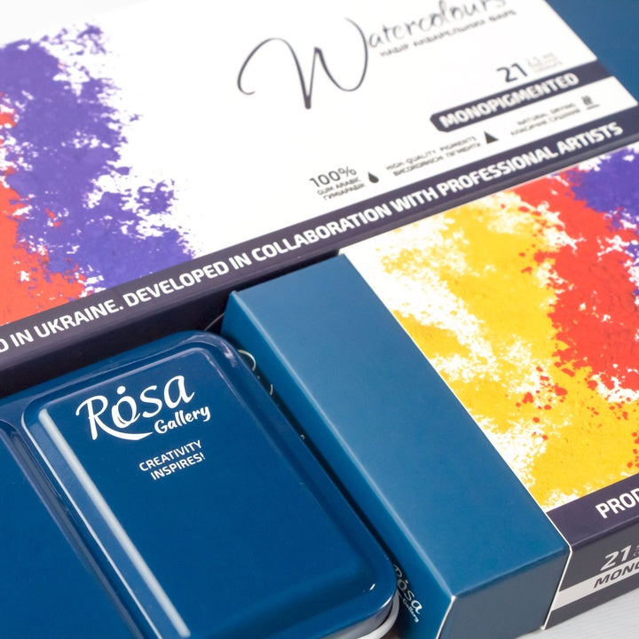 set de acuarele monopigmented rosa gallery carcasa metalica indigo 21 culori godete intregi