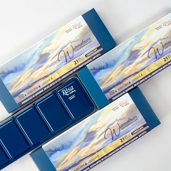 set de acuarele peisaj rosa gallery carcasa metalica indigo 21 culori godete intregi