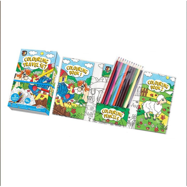 set de calatorie pentru colorat pentru copii cu 2 carți și 12 creioane
