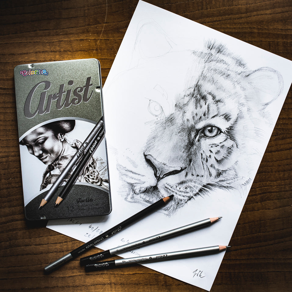 Set de desen Colorino Artist cu creioane grafit și cărbune în cutie metalică