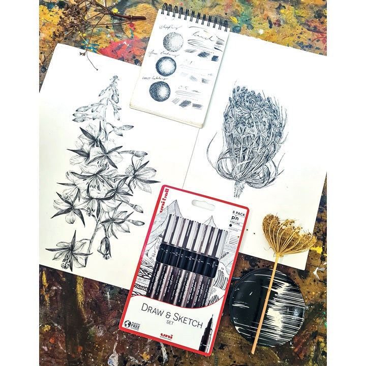 set de uni pin markere fineliner draw and sketch 8 buc ro unip238212799