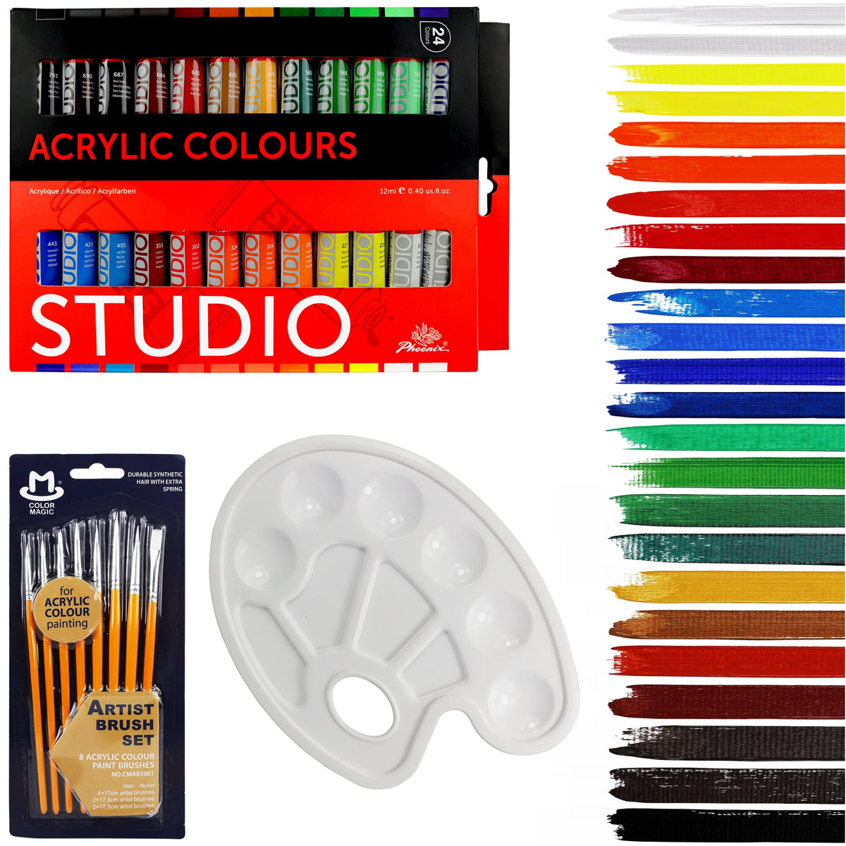 Set de vopsele acrilice Phoenix 24 x 12 ml cu pensule și paletă