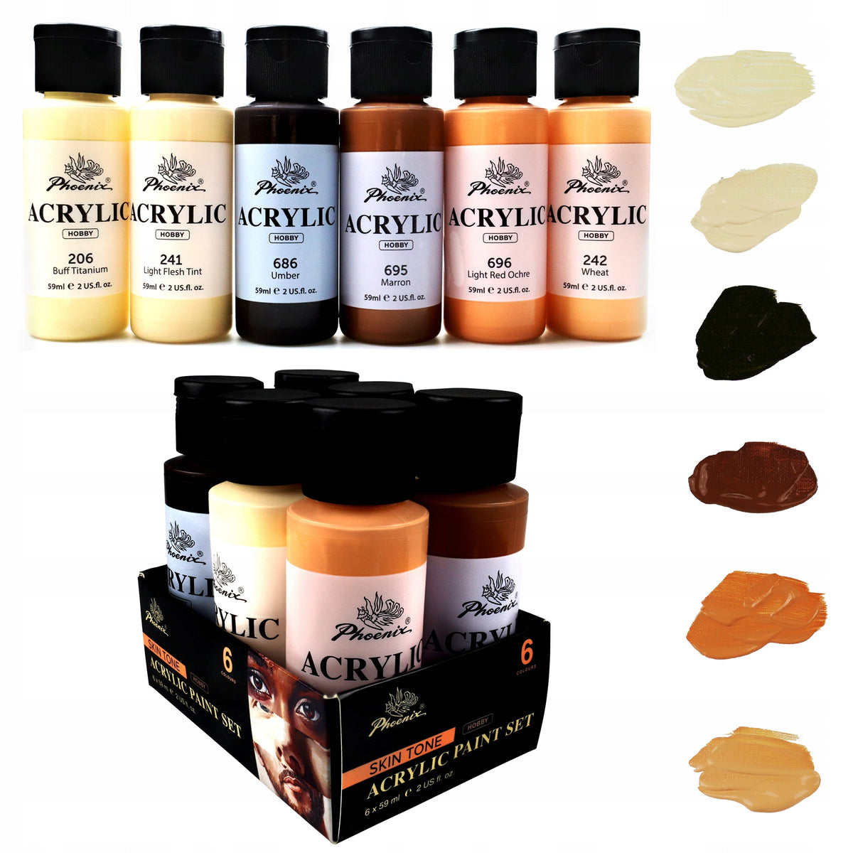 Set de vopsele acrilice Phoenix, tonuri de piele, 6 x 59 ml