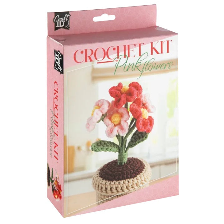 set diy croșetat ghiveci cu flori roz