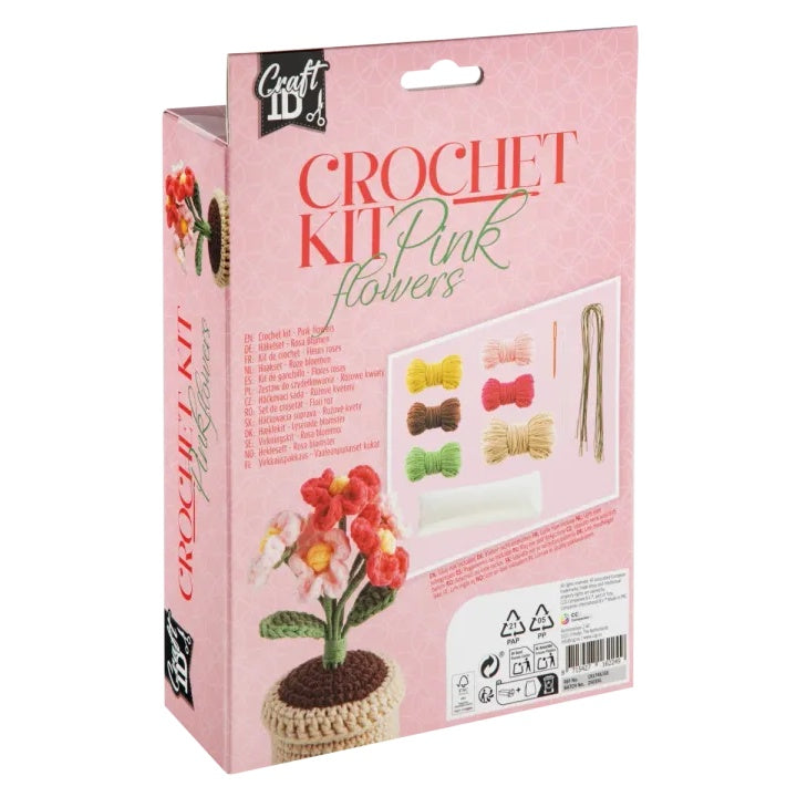 set diy croșetat ghiveci cu flori roz