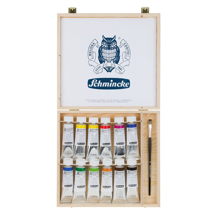 set vopsele acrilice si pensula in cutie de lemn schmincke akademie 12 x 60 ml ro sch76014097