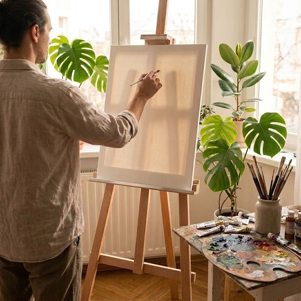 Șevalet de atelier MY HOME din lemn masiv de fag în timpul picturii în atelierul de acasă