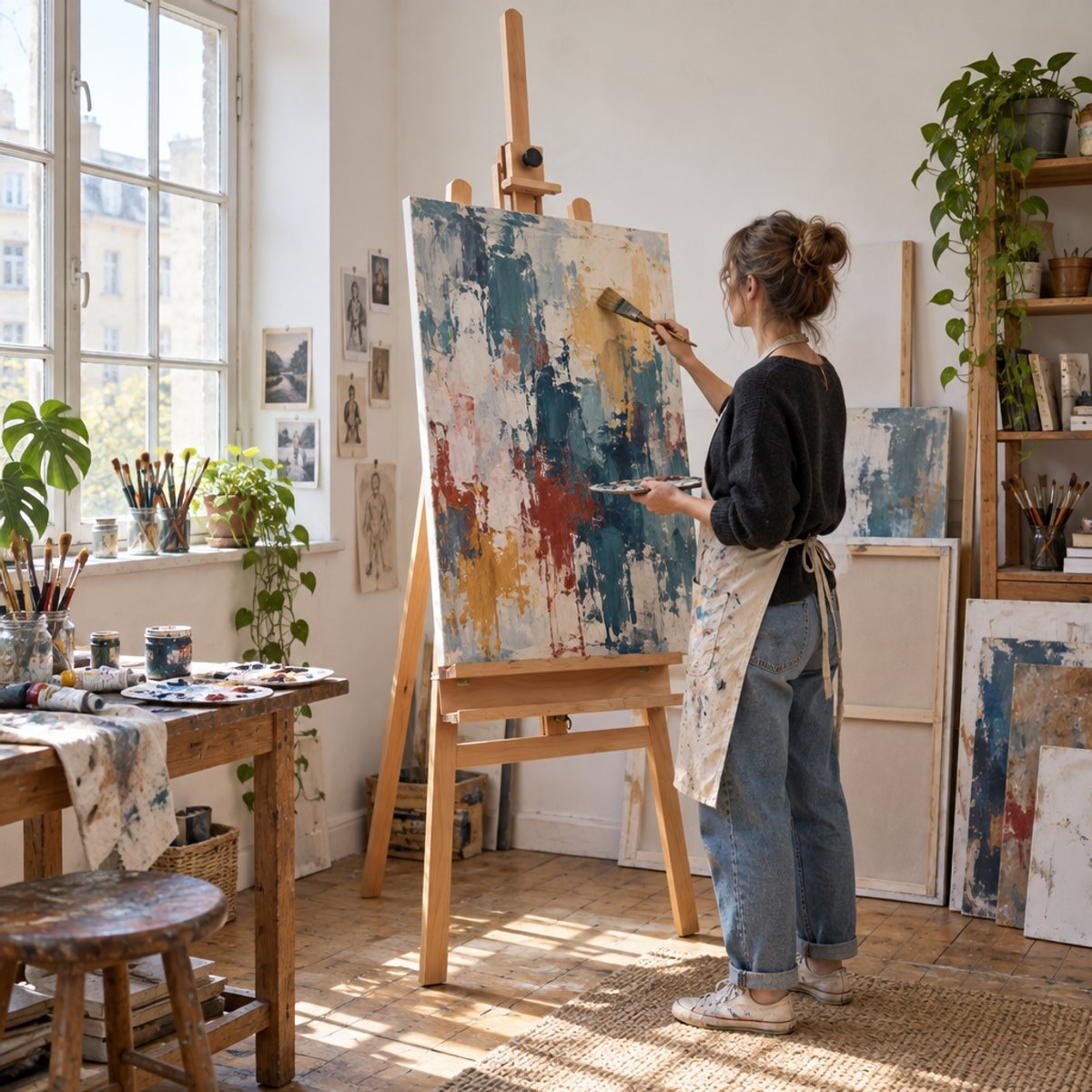 Pictoriță la șevaletul de atelier Valeriano PROFI cu o pânză mare în atelierul de acasă