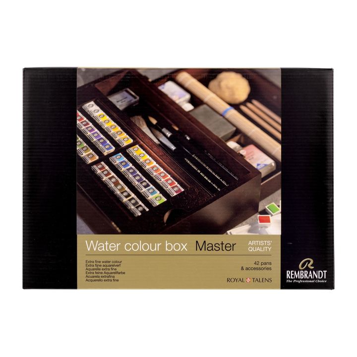 valiza de lux din lemn pentru vopsele de acuarela rembrandt master 42 de tigai de plutire si 14 accesorii ro rtl05840012