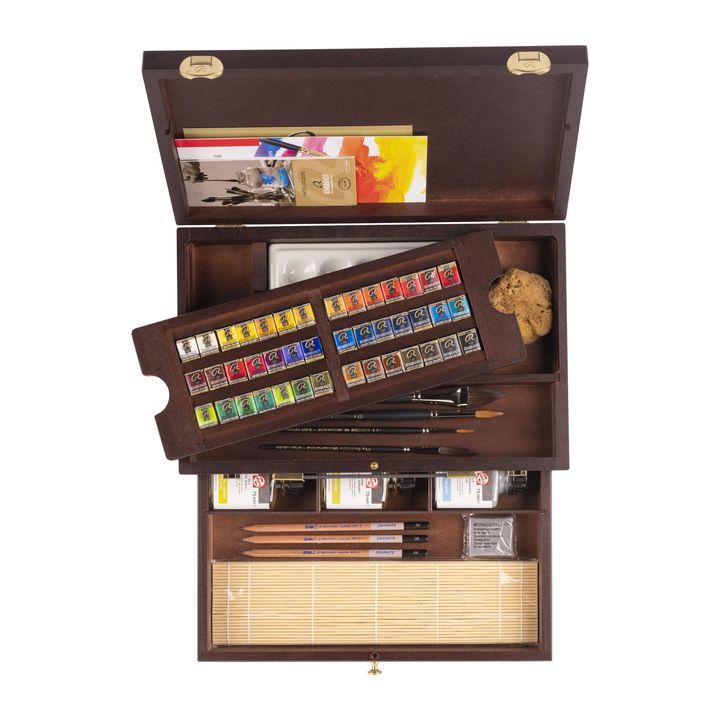 valiza de lux din lemn pentru vopsele de acuarela rembrandt master 42 de tigai de plutire si 14 accesorii ro rtl05840012