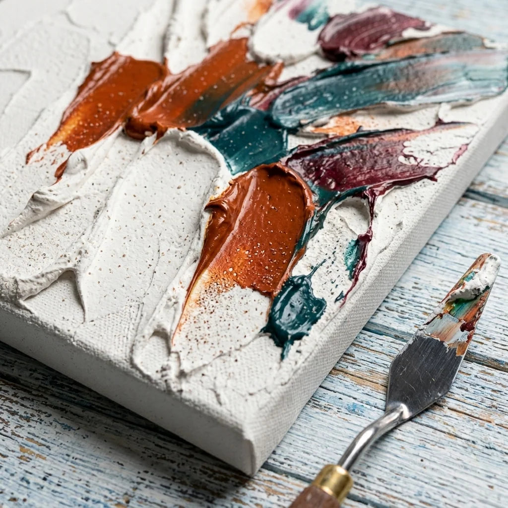 Texturi impasto cu pastă 3D — accente colorate pe relief gros