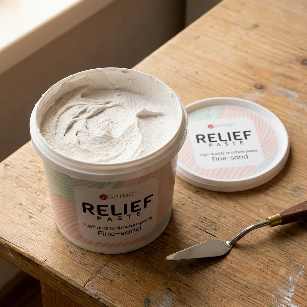 Ambalaj deschis ARTMIE Relief Paste — structura nisipoasă a pastei vizibilă în interior