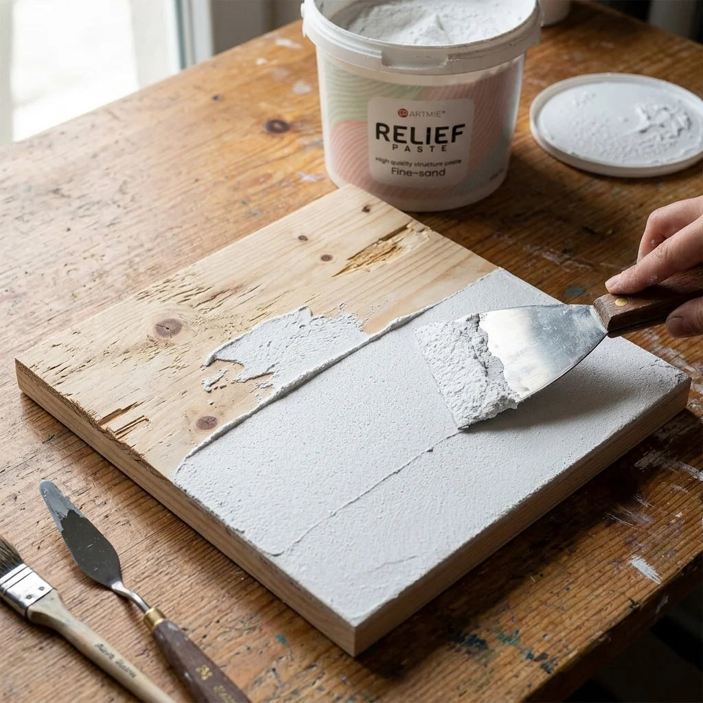 Nivelarea suprafeței cu pastă de modelare 3D în relief — înainte/după pe placă de lemn
