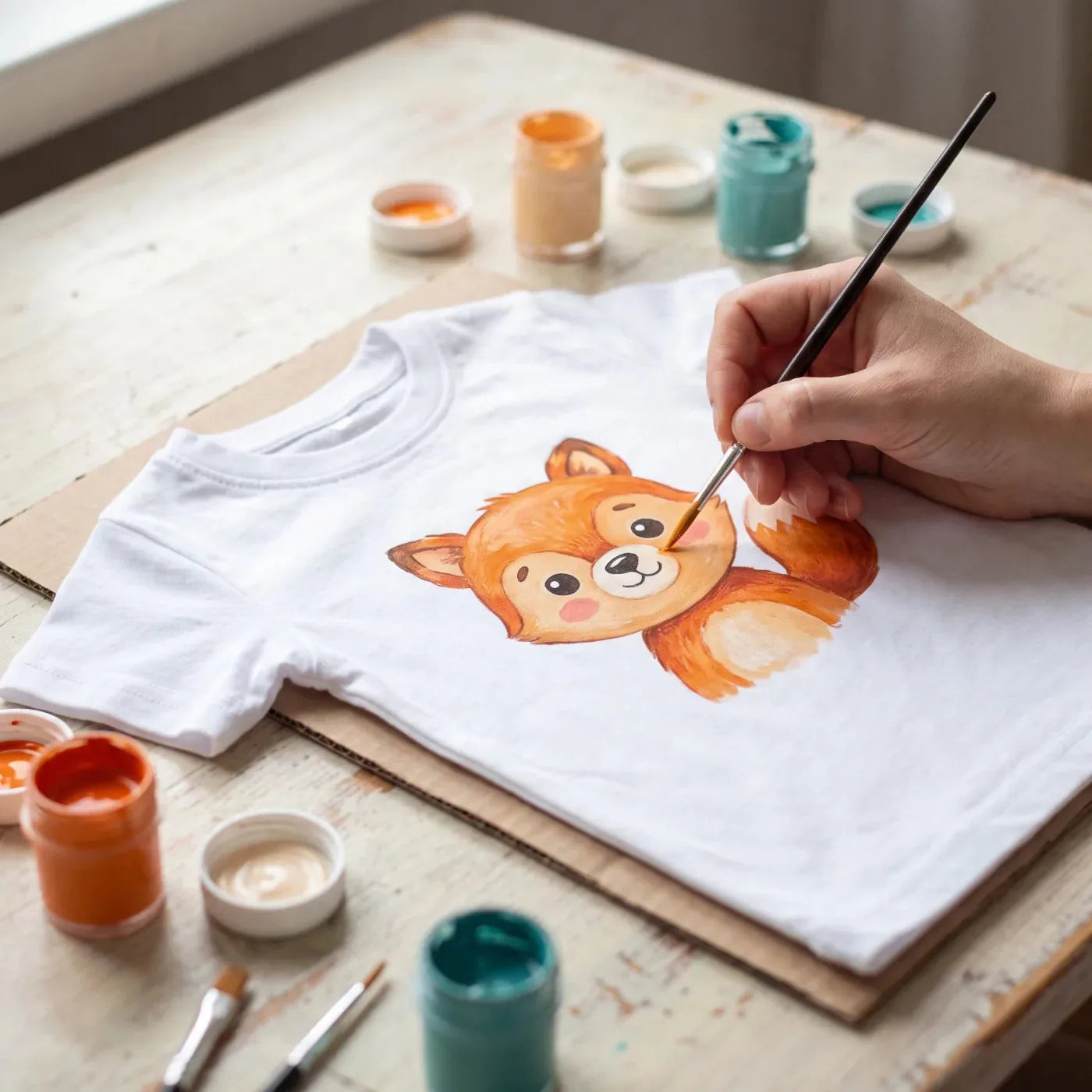 Vulpiță de poveste pictată cu vopsele pentru textile pe un tricou de copii