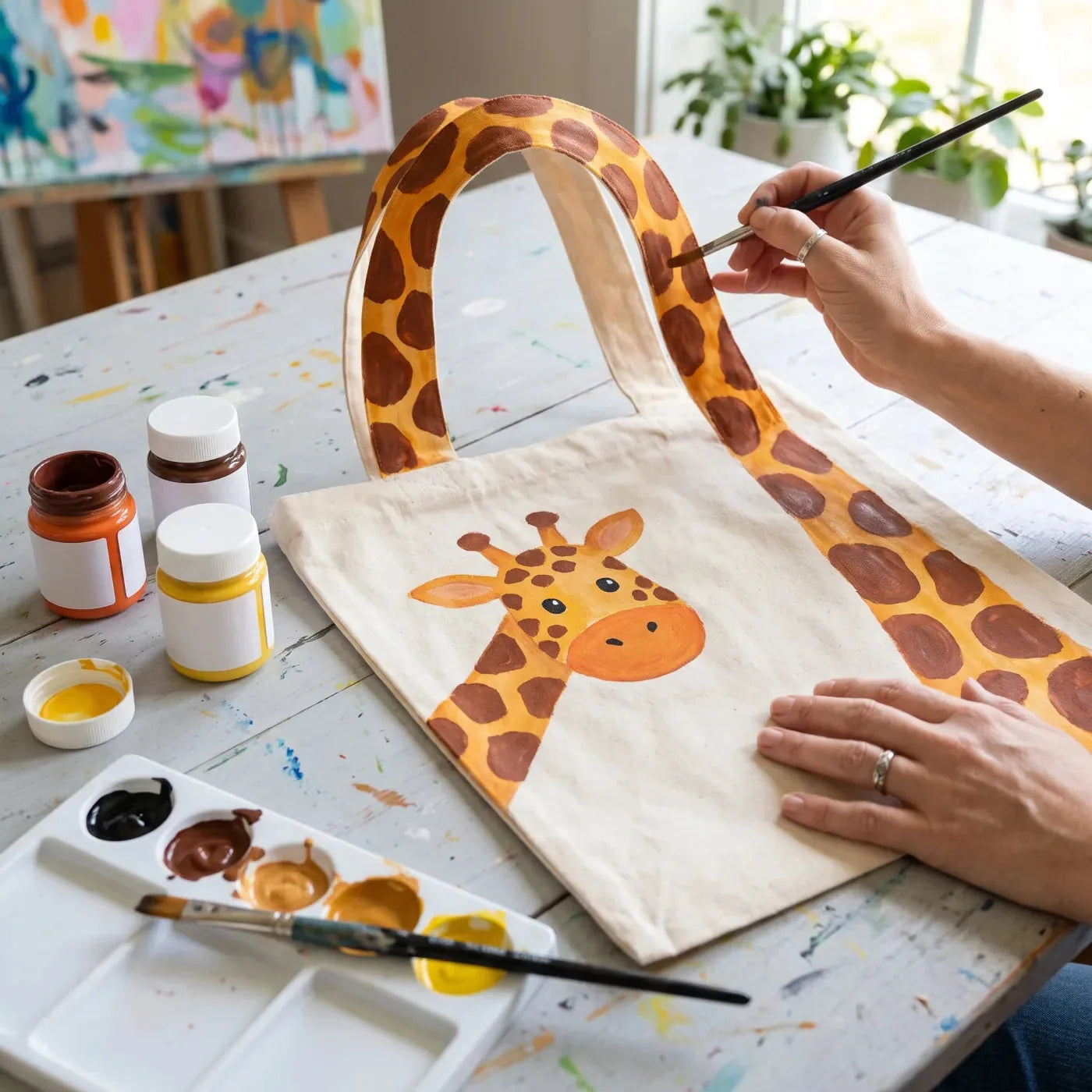 Girafă pictată cu vopsea pentru textile pe o geantă de pânză — gâtul pictat de-a lungul torții