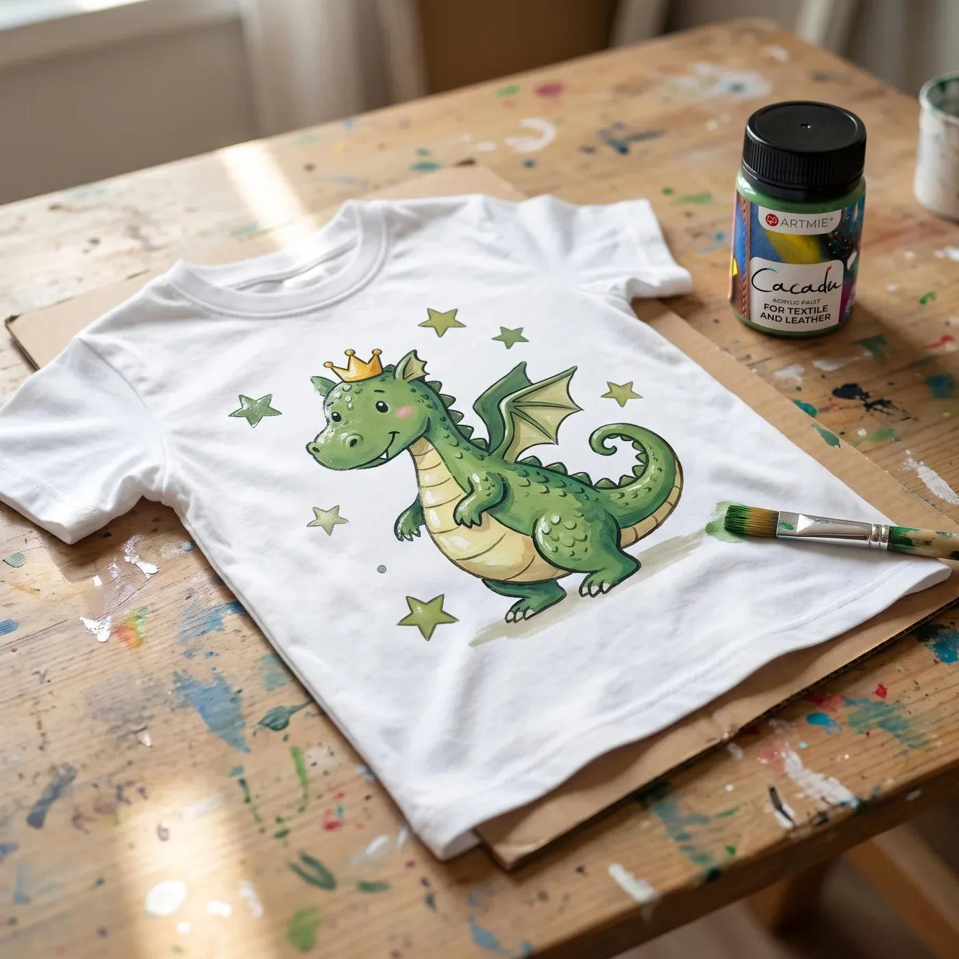 Motivul finalizat cu dragon și stele, pictat cu vopsele Cacadu, se usucă pe tricou