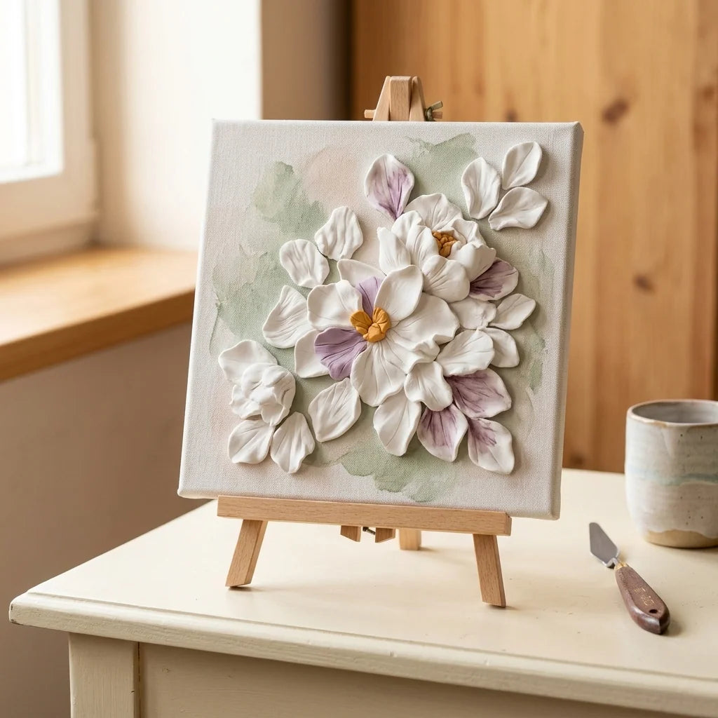 Flori modelate din Cloudy Clay lipite pe pânză — tablou relief 3D