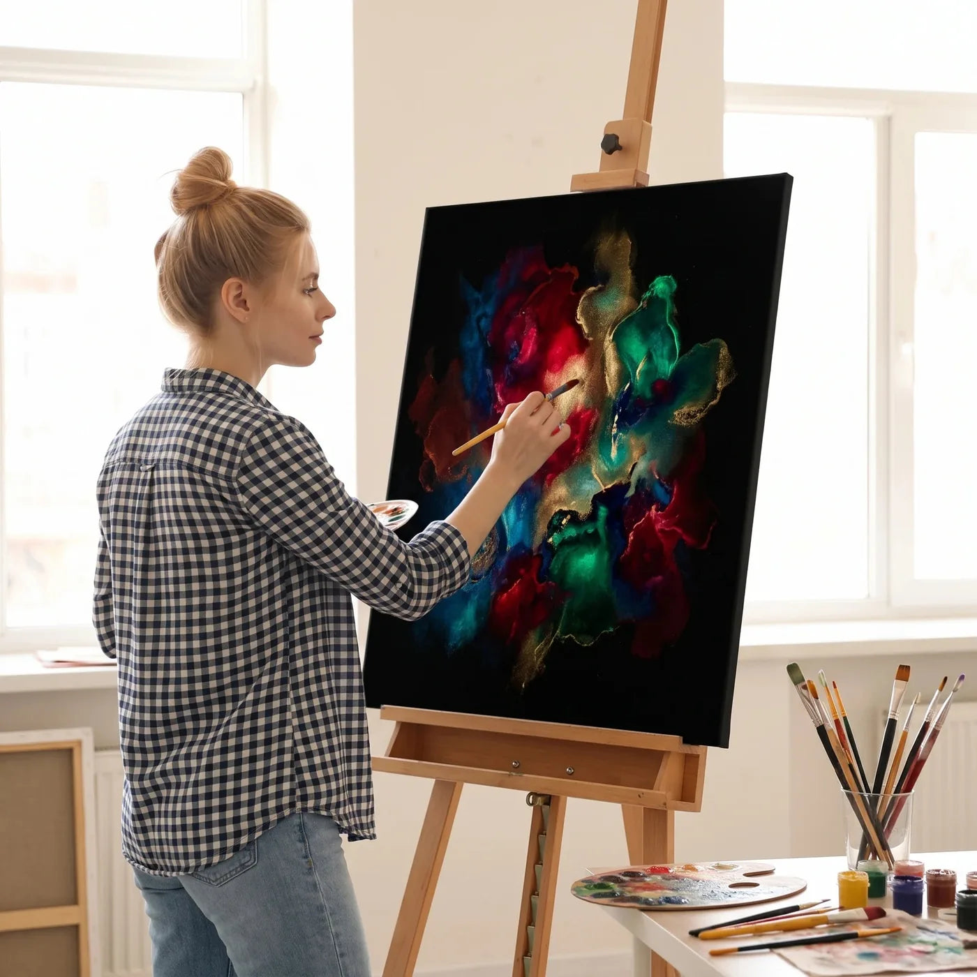 Pânză neagră de mari dimensiuni în atelierul pictorului