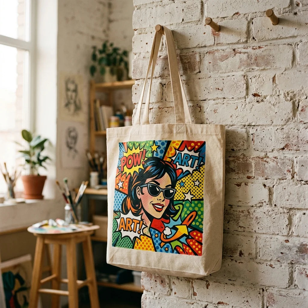 Geantă cu motiv pop-art pictată în acrilic