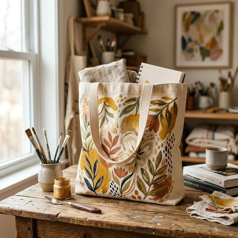 Pictura cu vopsele acrilice pe material textil cu motiv auriu