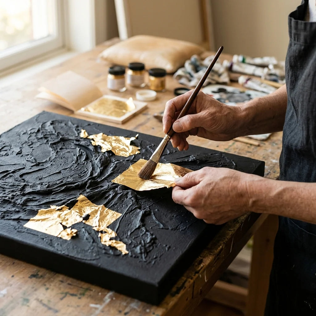 Artist aplicând foiță de aur pe o textură neagră pe pânză