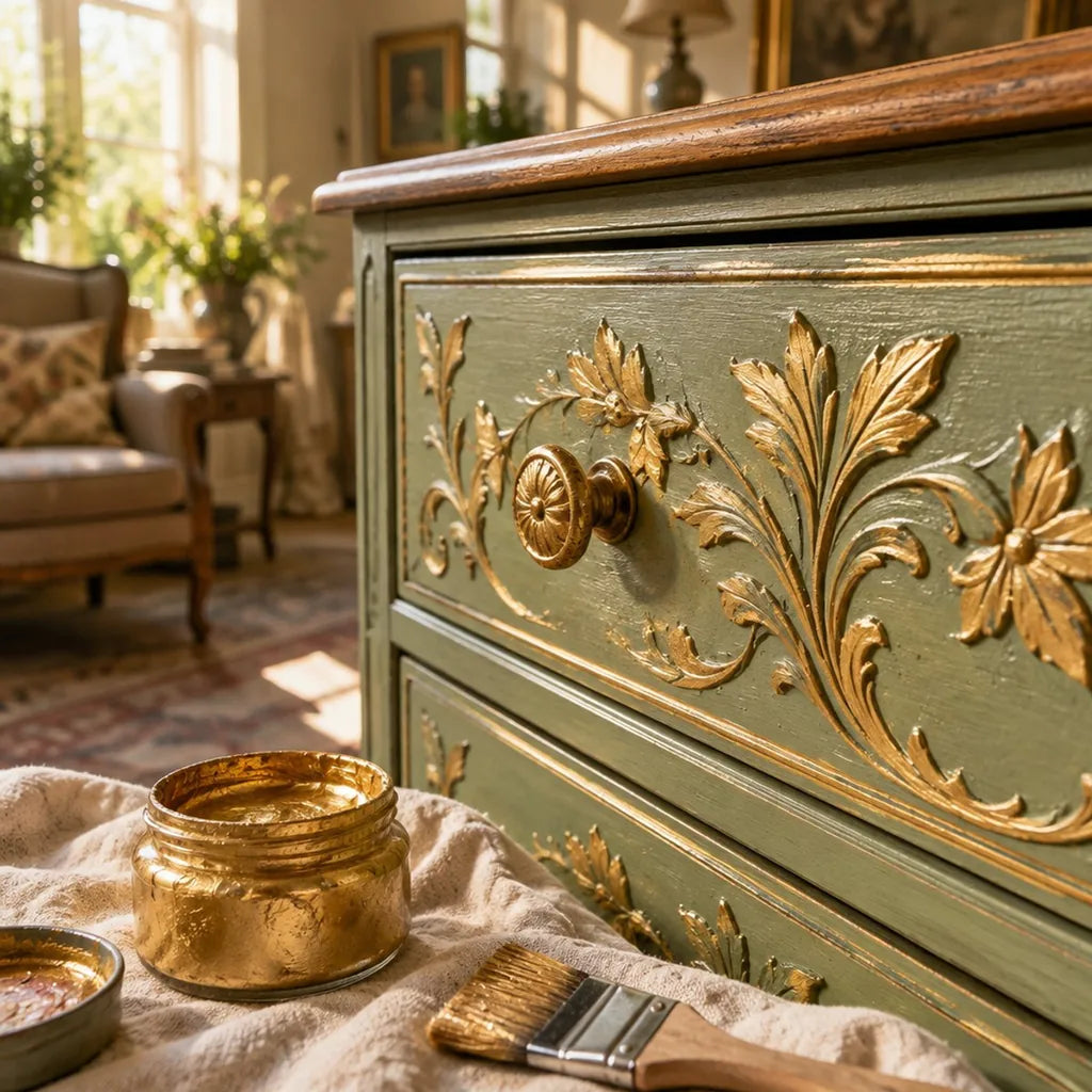 Accente aurii cu pasta ARTMIE MIDAS pe fața sculptată a unui sertar de comodă renovată