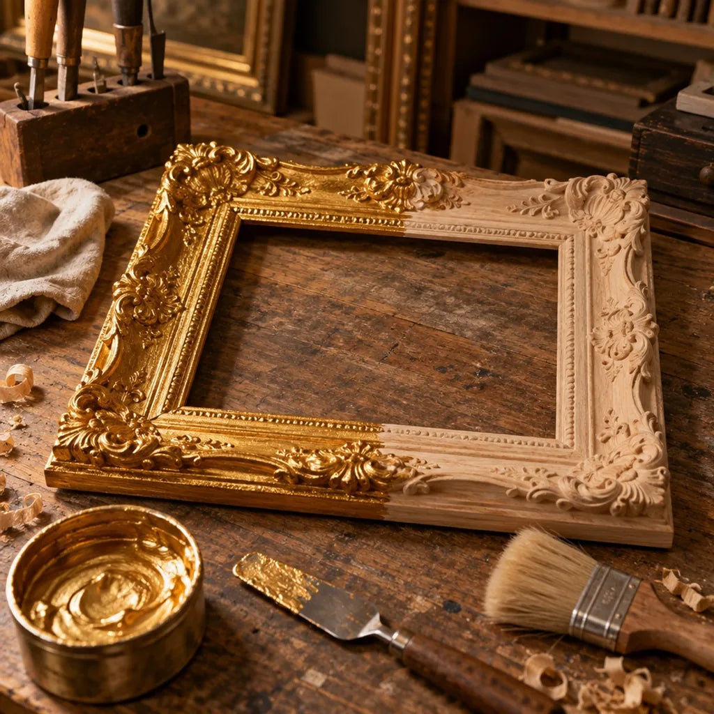 Ramă de tablou sculptată din lemn, aurită pe jumătate cu pasta lichidă ARTMIE MIDAS
