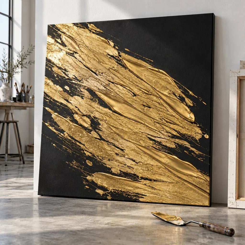 Abstracție pe pânză neagră din tușe de pastă aurie ARTMIE MIDAS, cu urma vizibilă a spatulei
