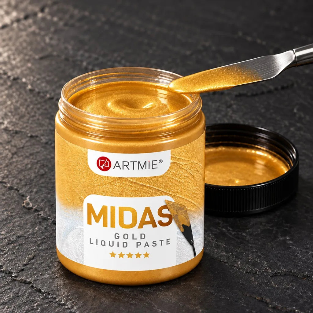 Borcan deschis ARTMIE MIDAS — pastă metalică lichidă aurie, cu luciu vizibil în interior