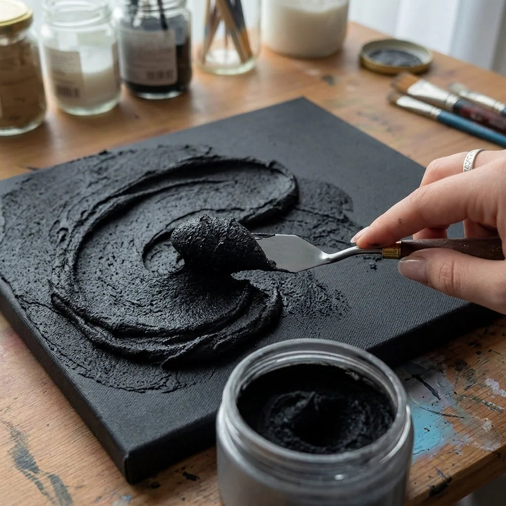 Aplicarea pastei negre Midnight cu o spatulă pe pânză