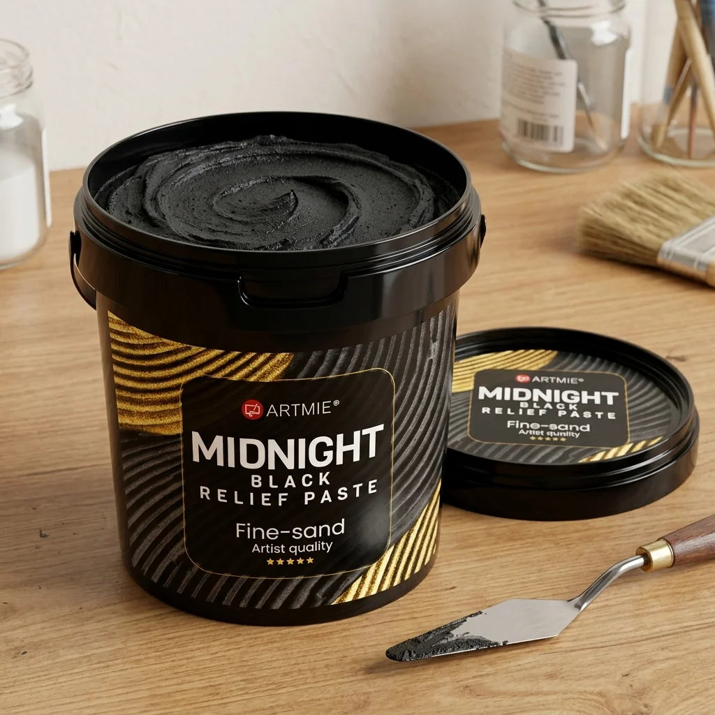 Ambalaj deschis ARTMIE Midnight — pastă neagră nisipoasă vizibilă în interior