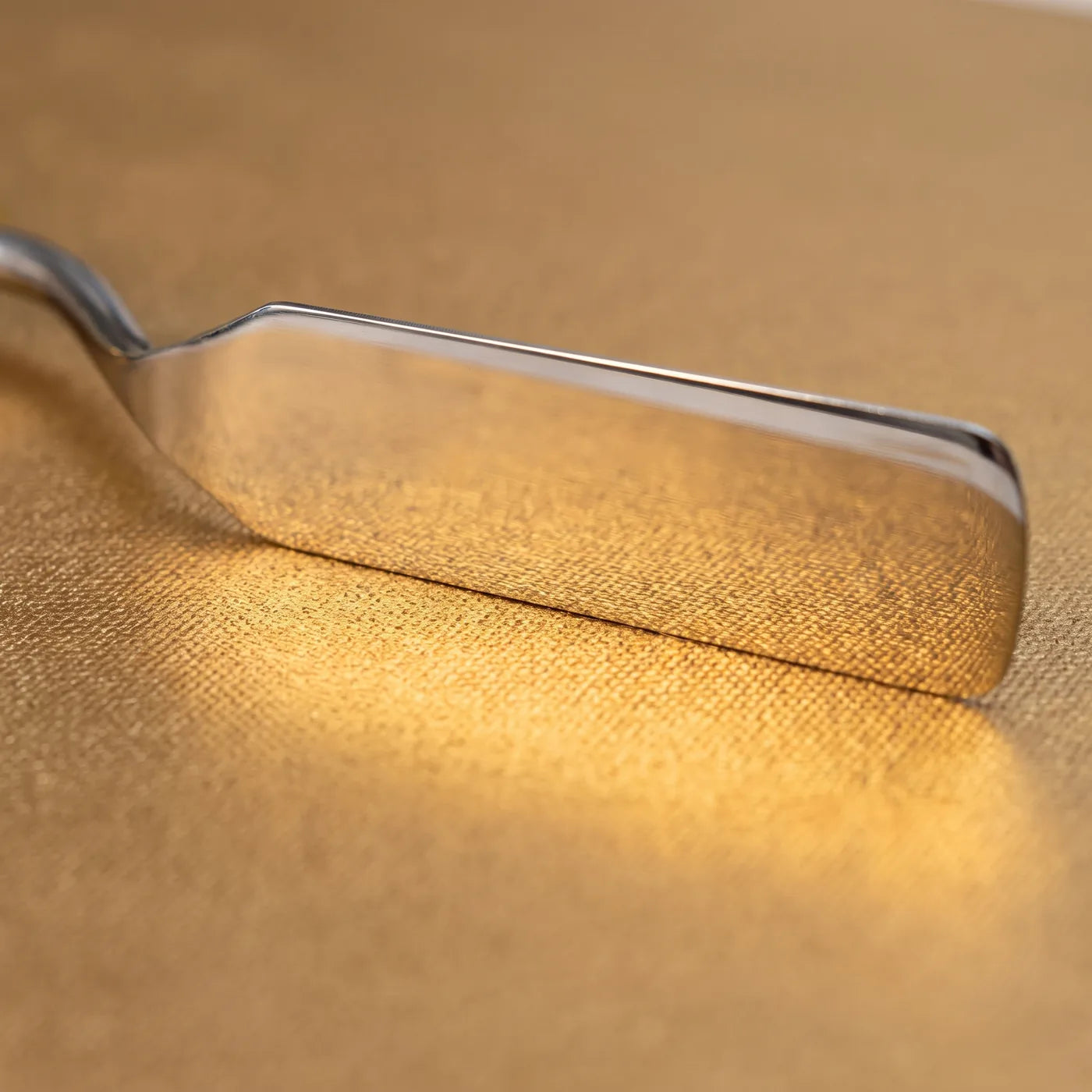 Spatulă de oțel pe pânza aurie MIDAS — suprafața metalică se reflectă în lamă, sub pigment se vede țesătura de bumbac