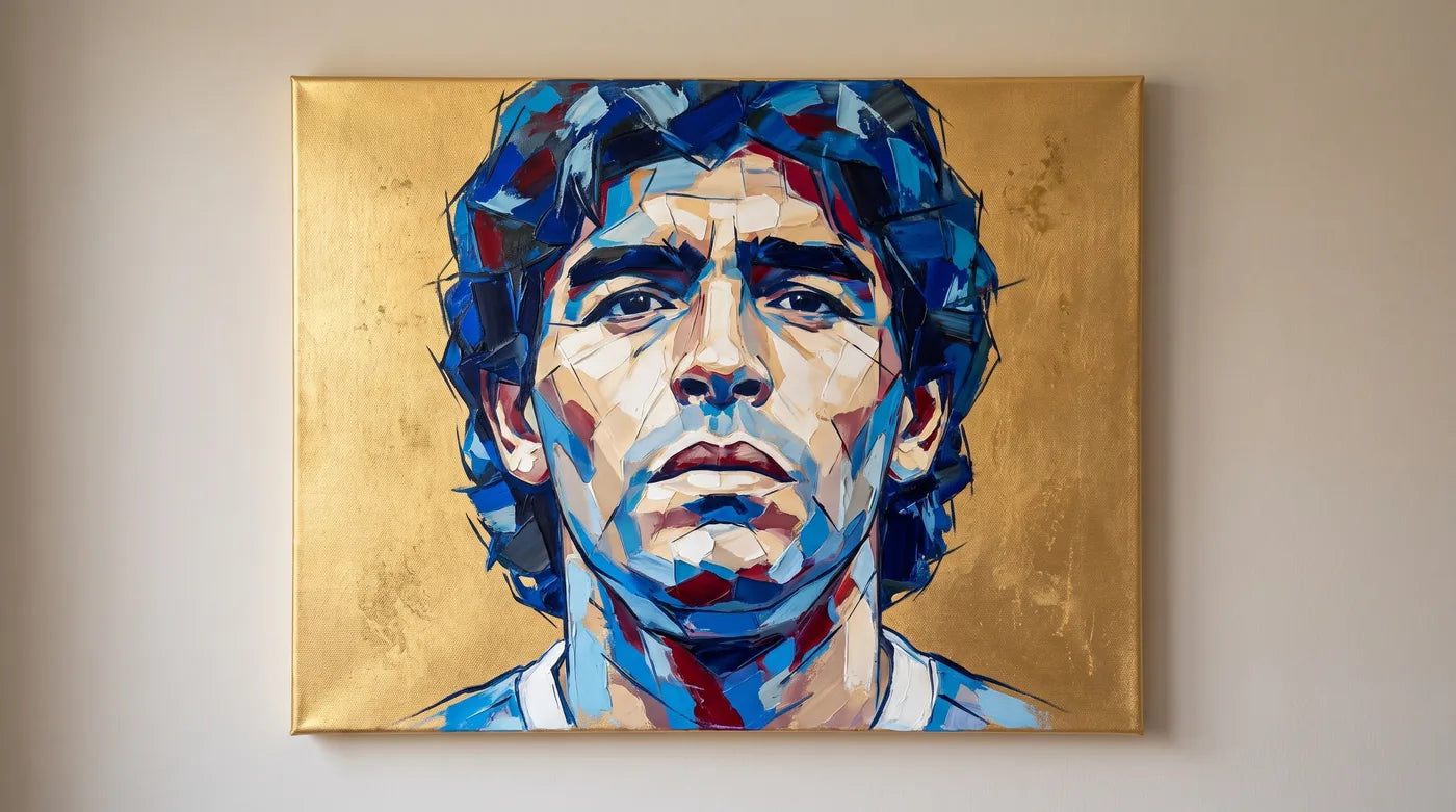 Portret abstract al unui fotbalist pictat în acril pe pânza aurie MIDAS, agățat pe perete